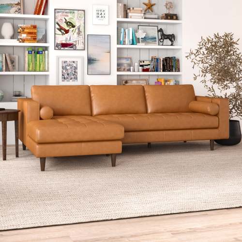 Modern Tufted Leather Chaise Sofa Sectional 101” – in room setting