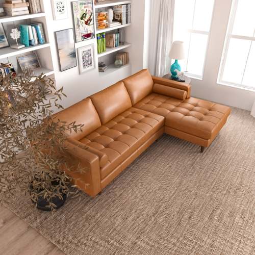 Modern Tufted Leather Chaise Sofa Sectional 101” – Anthony MCM Genuine Leather L-Shape Couch in a stylish living room.