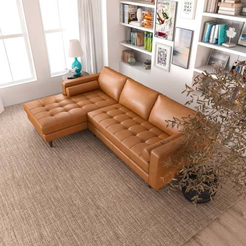 Modern Tufted Leather Chaise Sofa Sectional 101” – Anthony MCM Genuine Leather L-Shape Couch in a stylish living room.