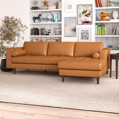 Modern Tufted Leather Chaise Sofa Sectional 101” – Anthony MCM Genuine Leather L-Shape Couch in tan leather.