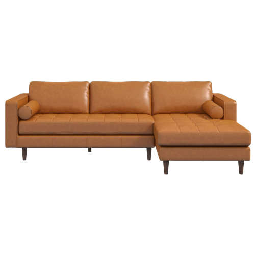 Modern Tufted Leather Chaise Sofa Sectional 101” – Anthony MCM Genuine Leather L-Shape Couch in tan leather.