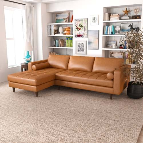Modern Tufted Leather Chaise Sofa Sectional 101” – in room setting