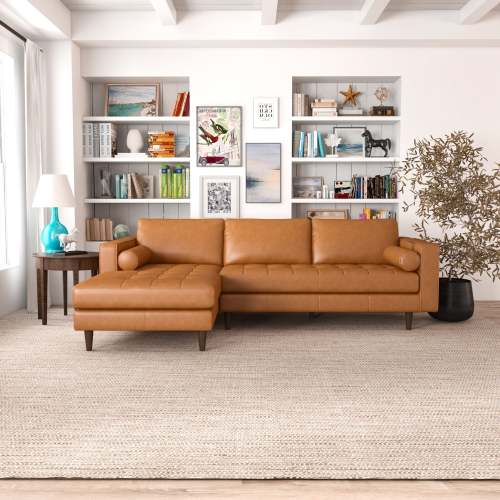 Modern Tufted Leather Chaise Sofa Sectional 101” – Anthony MCM Genuine Leather L-Shape Couch in stylish living room setting.