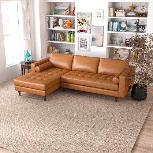 Modern Tufted Leather Chaise Sofa Sectional 101” – Anthony MCM Genuine Leather L-Shape Couch in a cozy living room setting.