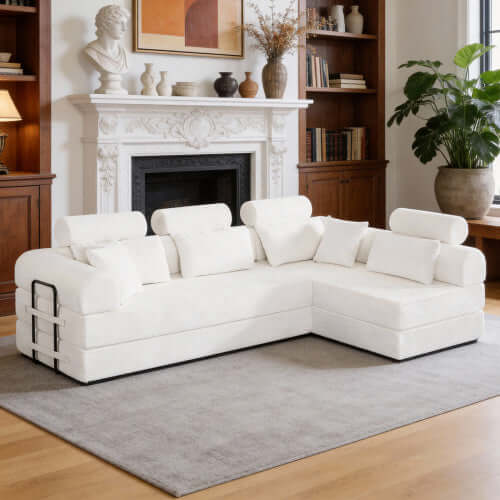 Modern Corduroy Sleeper Sectional – L-Shape Modular Sofa Bed (106” Convertible Couch) in white upholstery.