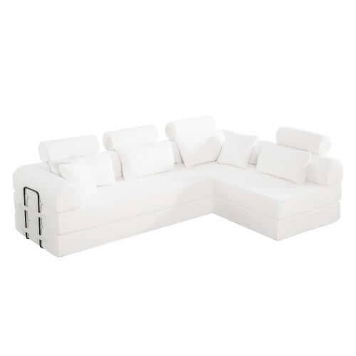 Modern Corduroy Sleeper Sectional – L-Shape Modular Sofa Bed (106” Convertible Couch) in white upholstery.