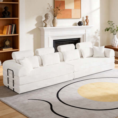 Modern Corduroy Sleeper Sectional – L-Shape Modular Sofa Bed (106” Convertible Couch) in a bright living room setting.