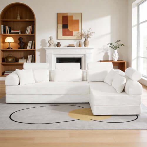 Modern Corduroy Sleeper Sectional – L-Shape Modular Sofa Bed (106” Convertible Couch) in a stylish living room setting.