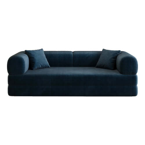 Modular Corduroy Convertible Sofa Bed 78.8" – Compression Floor Futon Couch (6 Colors) in dark blue color with cushions.