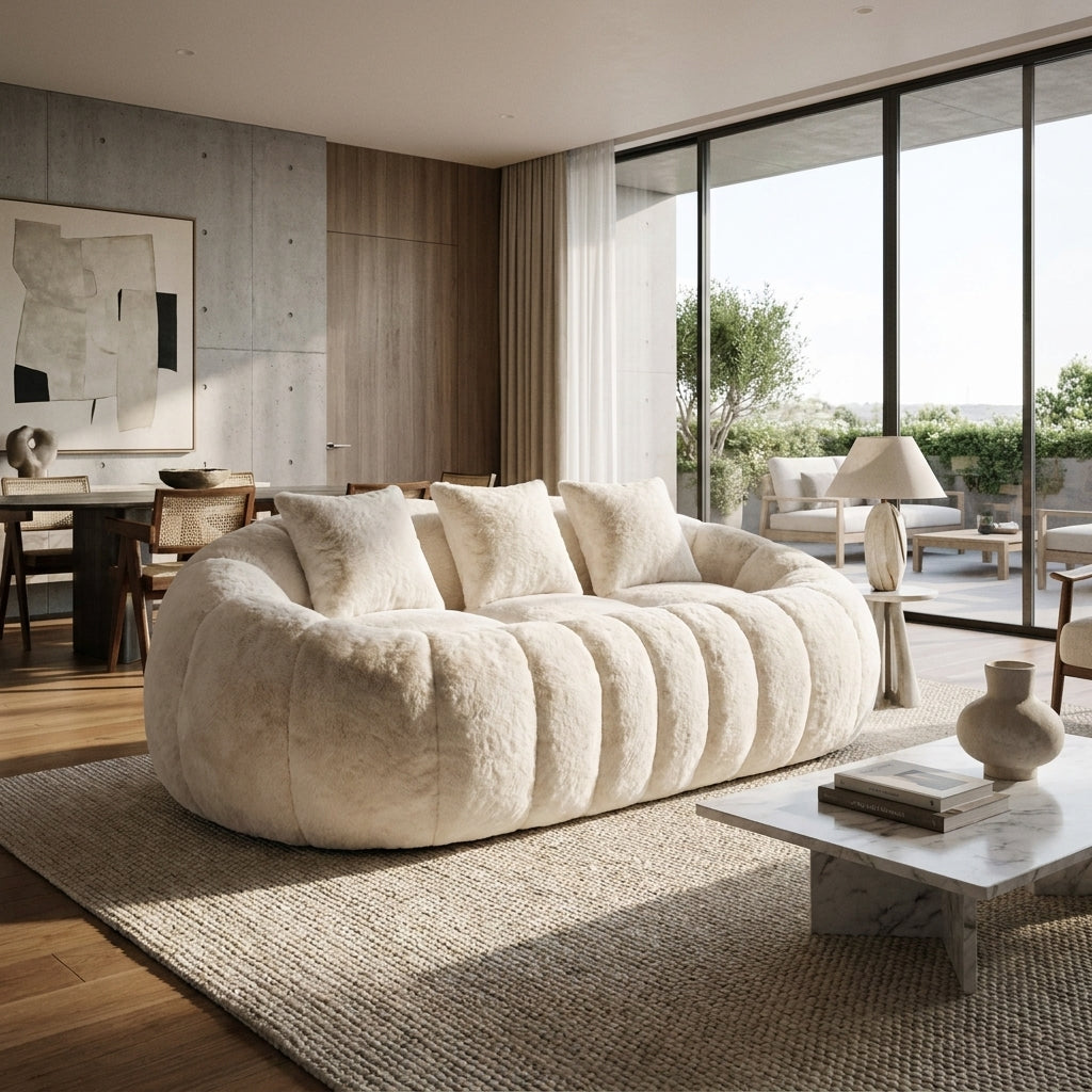 Montague Faux Fur Floral Loveseat – 74.8" Boneless Cloud Sofa in Beige – view 2