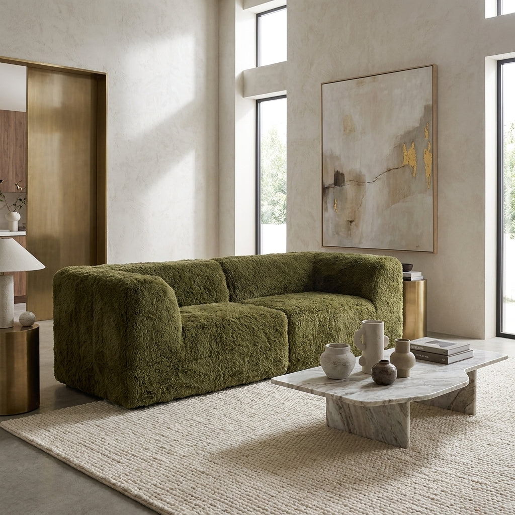 Montague Faux Fur Modular Sofa – 80" Olive Green Couch – view 2