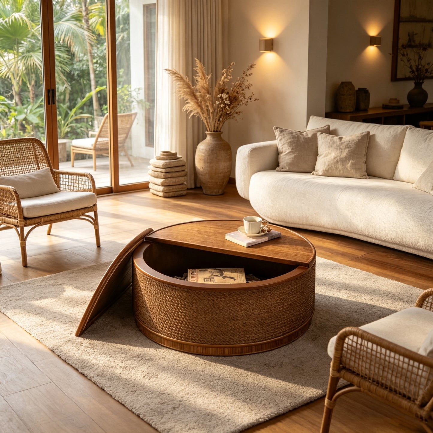 Moray Round Rattan Coffee Table with Lift-Off Storage – Boho-Chic, Small & Large – view 11