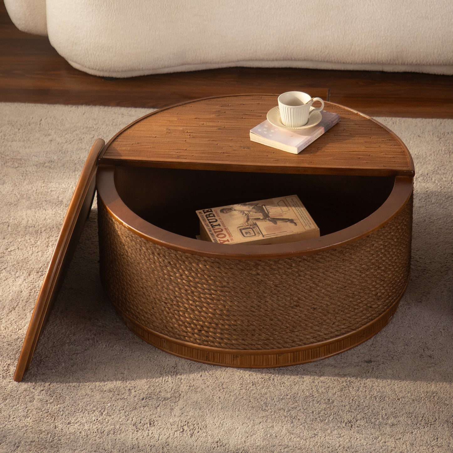 Moray Round Rattan Coffee Table with Lift-Off Storage – Boho-Chic, Small & Large – view 13