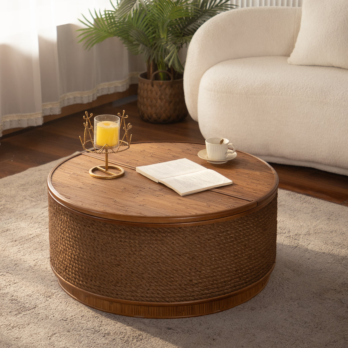 Moray Round Rattan Coffee Table with Lift-Off Storage – Boho-Chic, Small & Large – view 15
