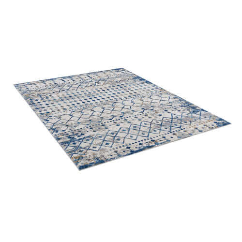 Moroccan styled woven area rug in blue and beige, 6x9ft, featuring geometric patterns for elegant home decor.