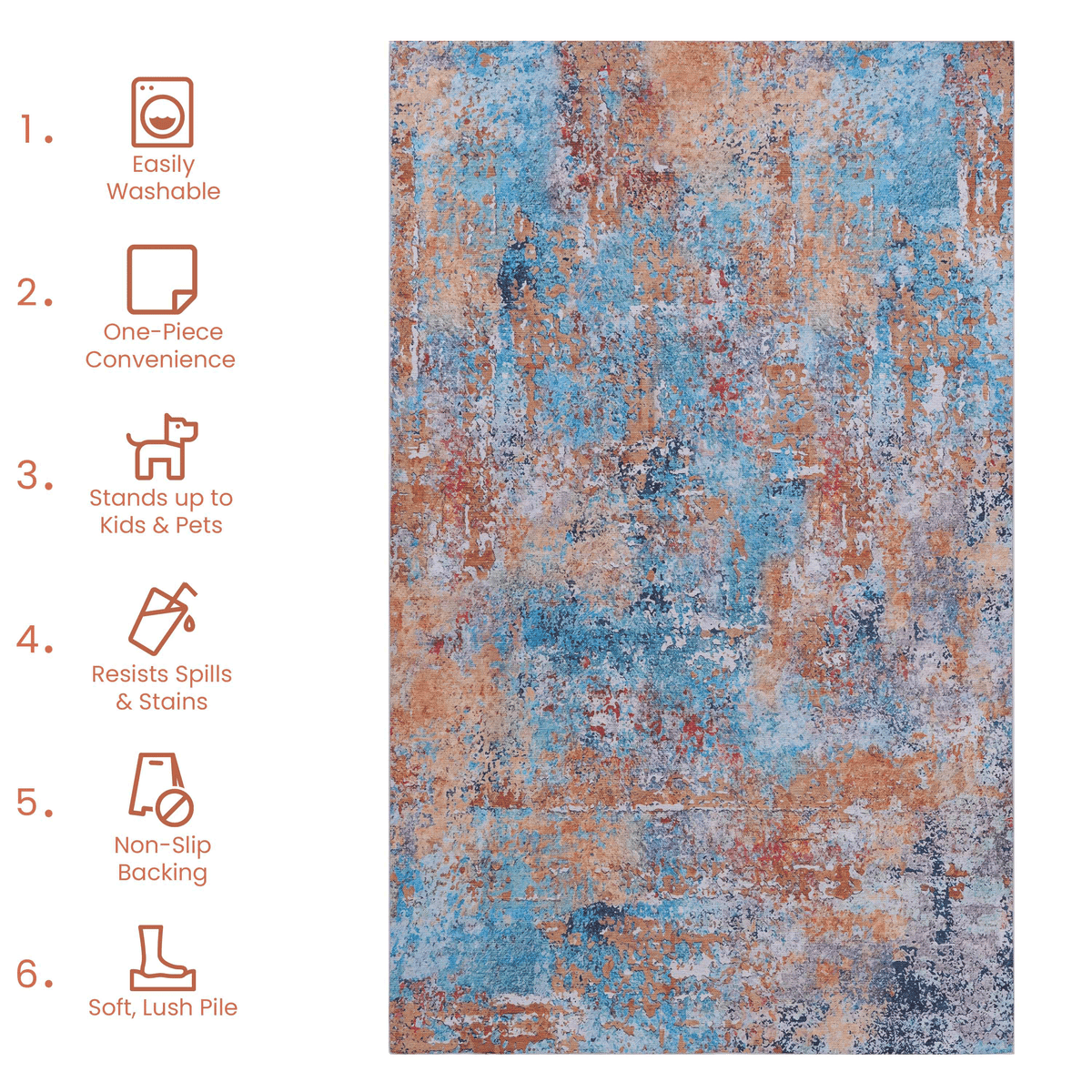 Multi-colored abstract washable area rug with easy care features and vibrant patterns, ideal for homes with kids and pets.