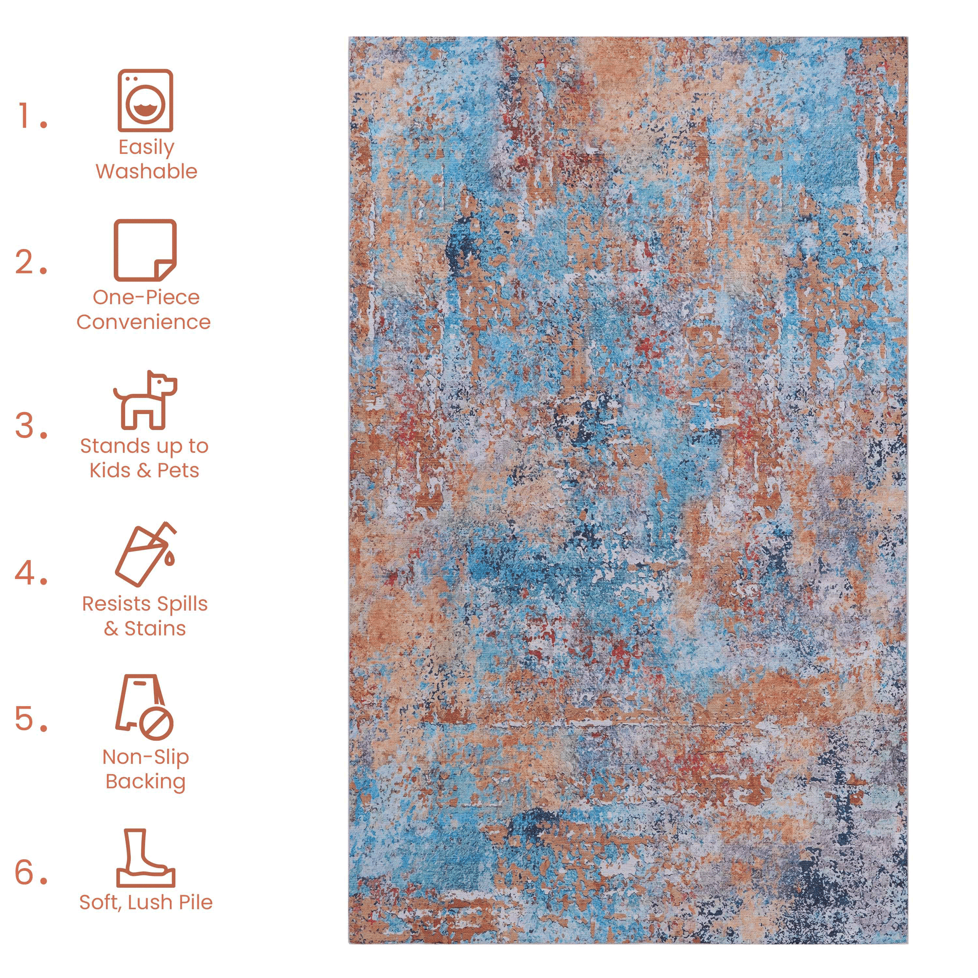Multi-colored abstract washable area rug with easy care features and vibrant patterns, ideal for homes with kids and pets.