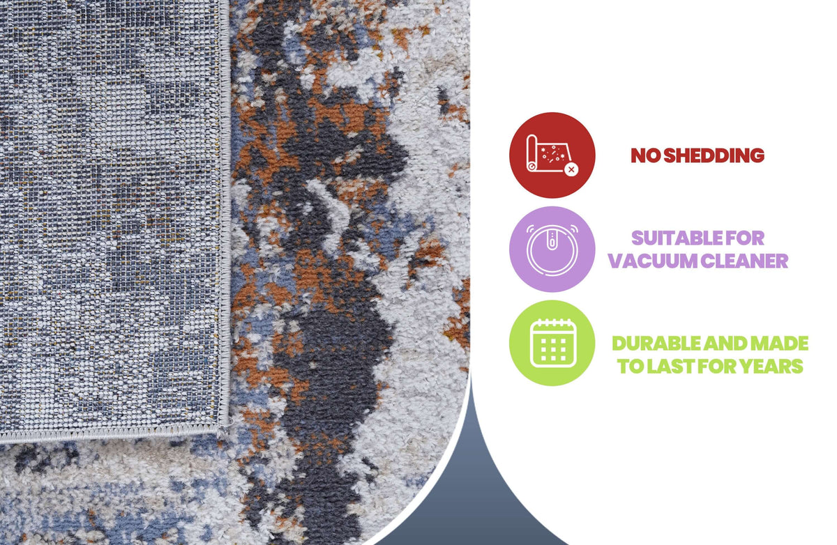 Features of a multicolor abstract area rug: no shedding, vacuum cleaner suitable, durable for lasting use.