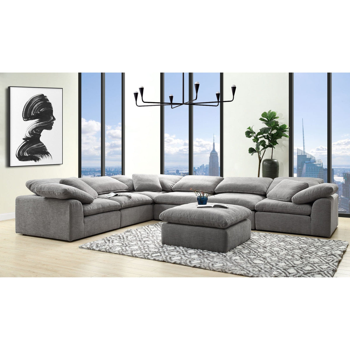 Naveen gray linen modular sectional sofa with ottoman