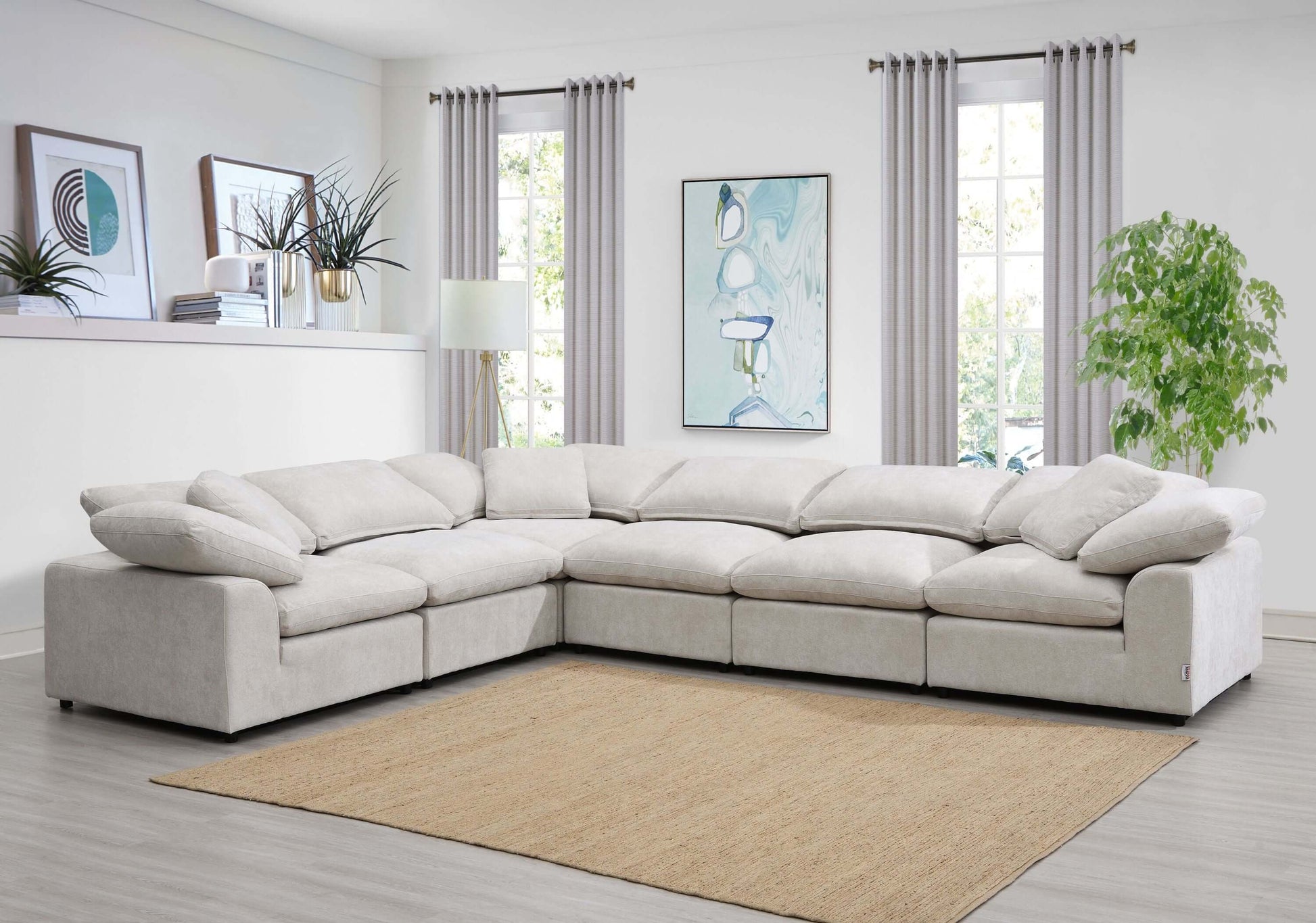 Naveen Ivory Linen Modular Cloud Sectional – Contemporary Deep Seating Sofa (3 Sizes) in a stylish living room setting.