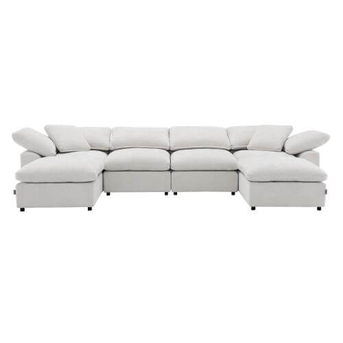 Naveen Ivory Linen Modular Cloud Sectional – Contemporary Deep Seating Sofa (3 Sizes) in a spacious living room.
