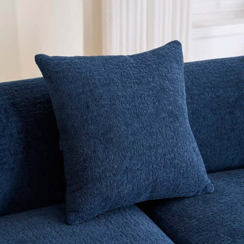 Boneless Modular Chenille Sectional Sofa – 99” Curved Chaise Compression Couch (White) with plush navy throw pillow.