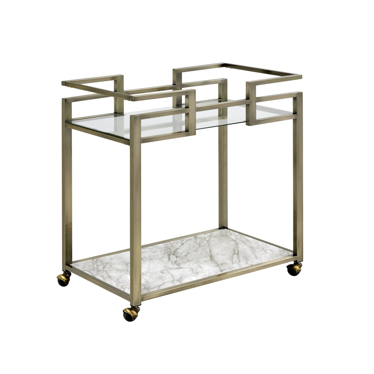 Neilo Clear Glass, Faux Marble Top & Brushed Brass Finish Serving Cart – 35" 2-Tier Serving Cart