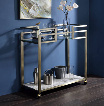 Neilo Clear Glass, Faux Marble Top & Brushed Brass Finish Serving Cart – 35" 2-Tier Serving Cart – view 2
