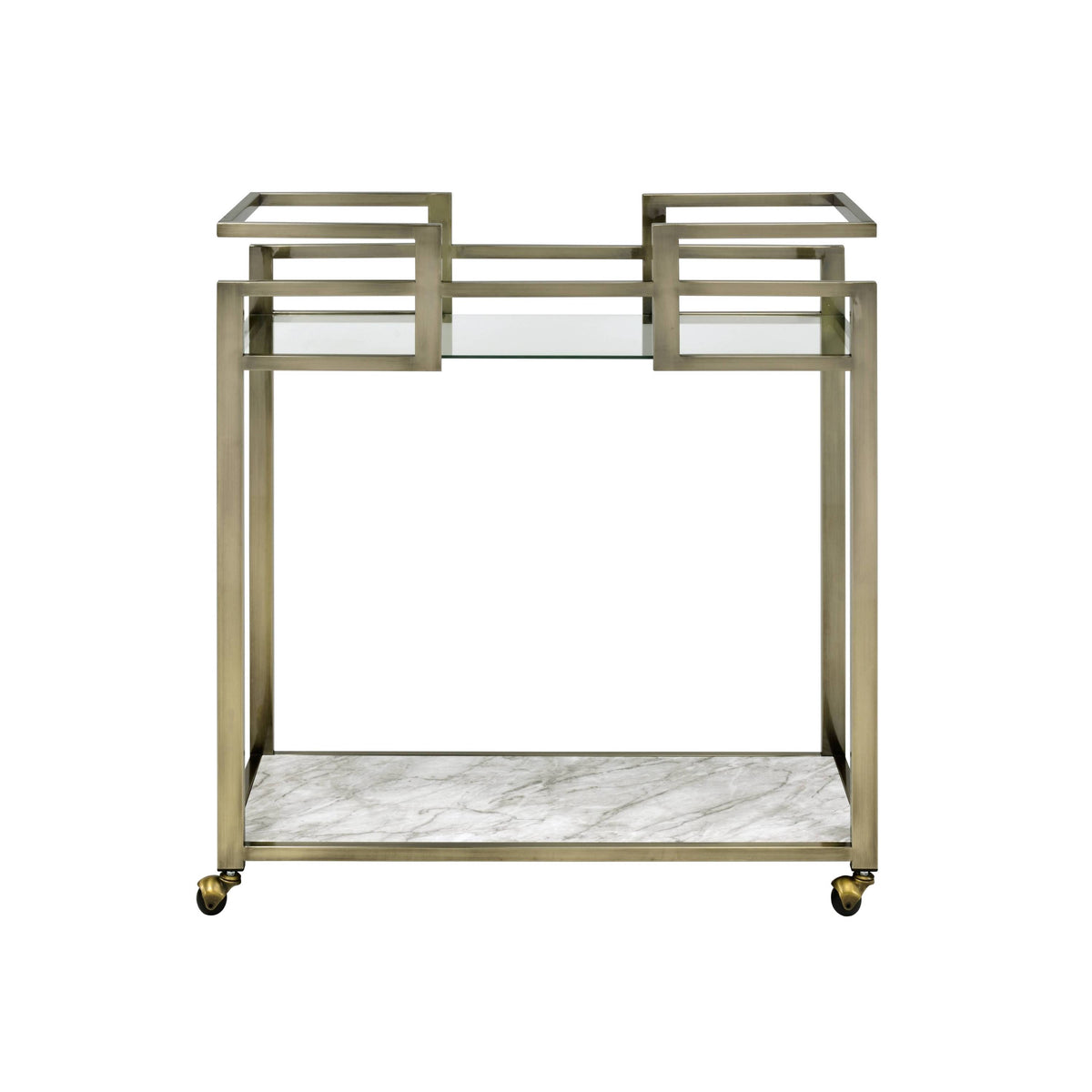 Neilo Clear Glass, Faux Marble Top & Brushed Brass Finish Serving Cart – 35" 2-Tier Serving Cart – view 5