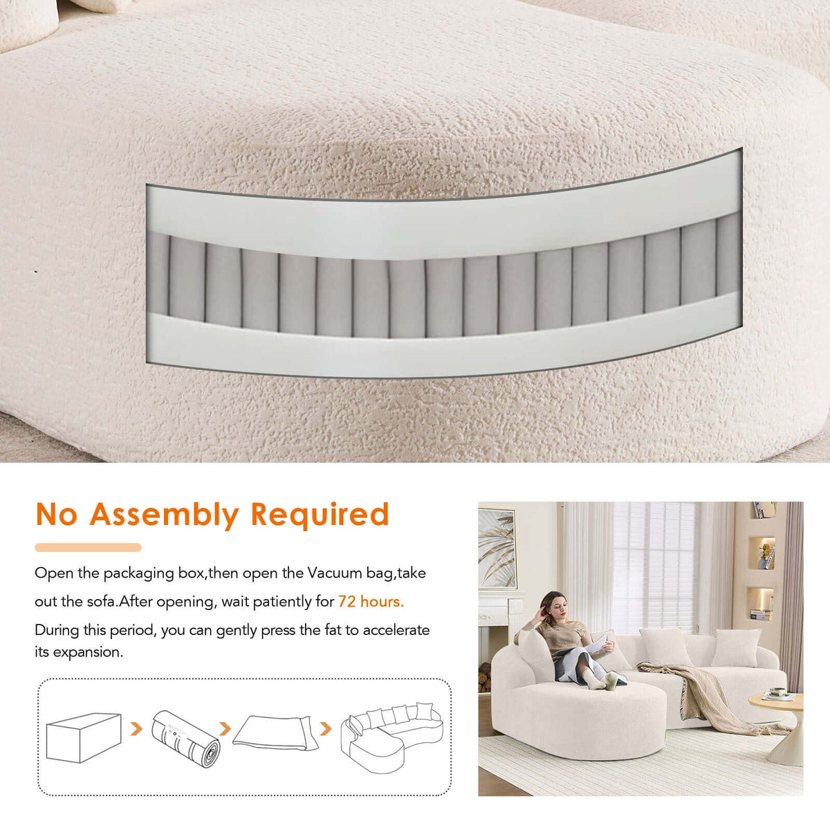 Boneless Modular Chenille Sectional Sofa – 99” Curved Chaise Compression Couch (White) packaging and setup instructions.