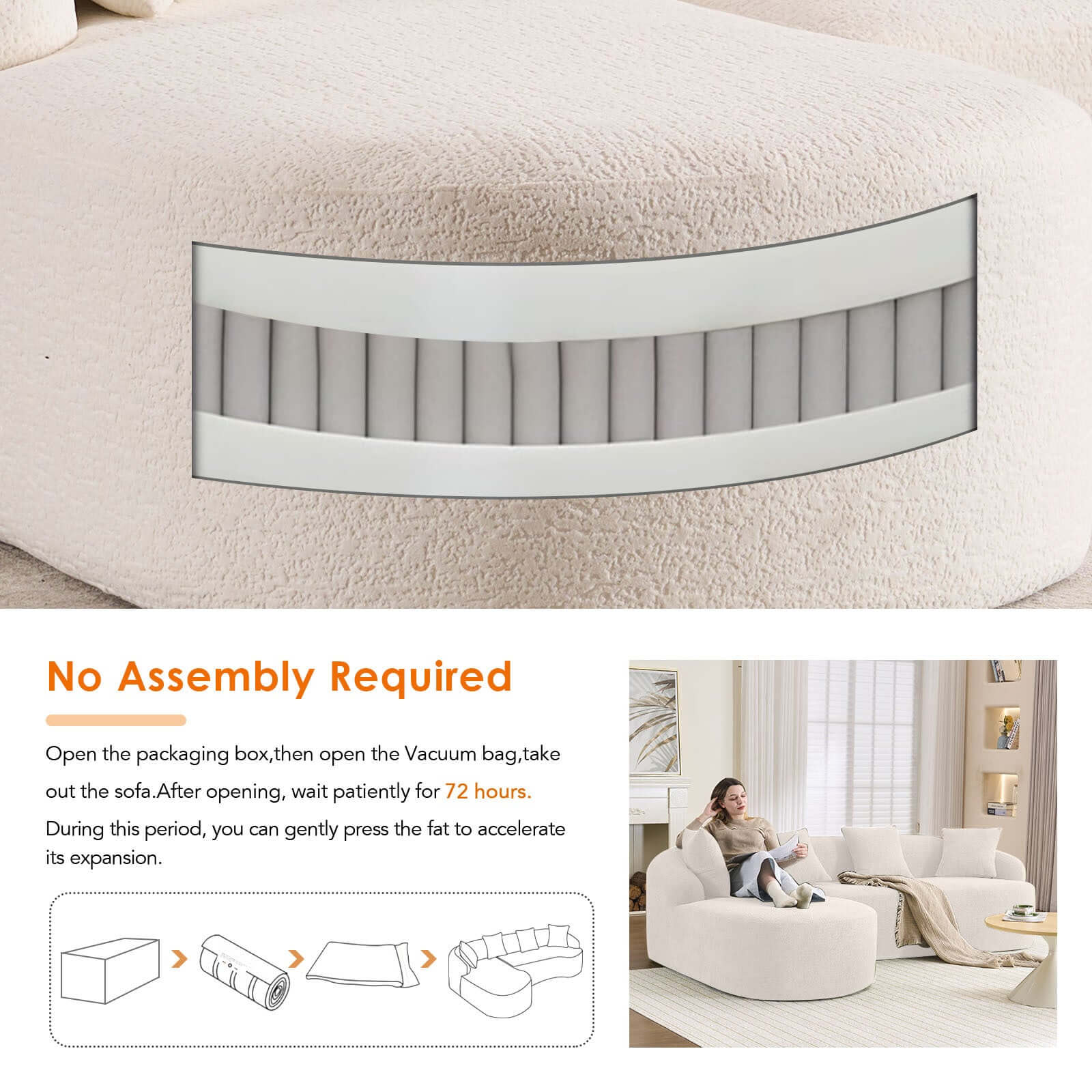 Boneless Modular Chenille Sectional Sofa – 99” Curved Chaise Compression Couch (White) packaging and setup instructions.