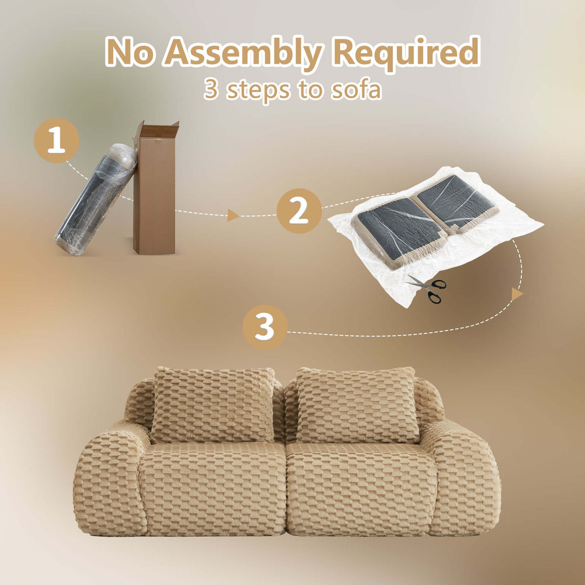 Modern Modular Flannelette Sofa – 82” Boneless Deep Seat Couch shown in No Assembly Required process with steps.
