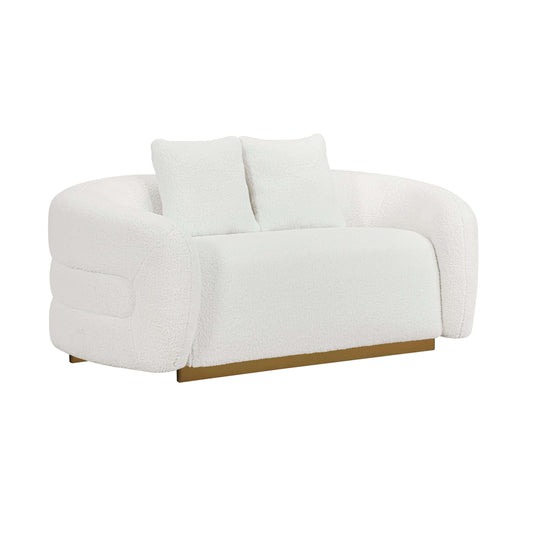 Novella Sherpa Loveseat – 71” white sherpa loveseat with gold base and plush cushions for ultimate comfort.