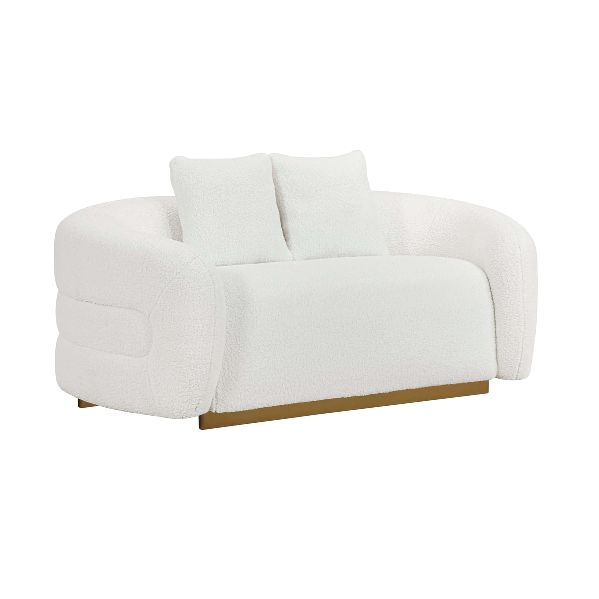 Novella Sherpa Loveseat – 71” white sherpa loveseat with gold base and plush cushions for ultimate comfort.