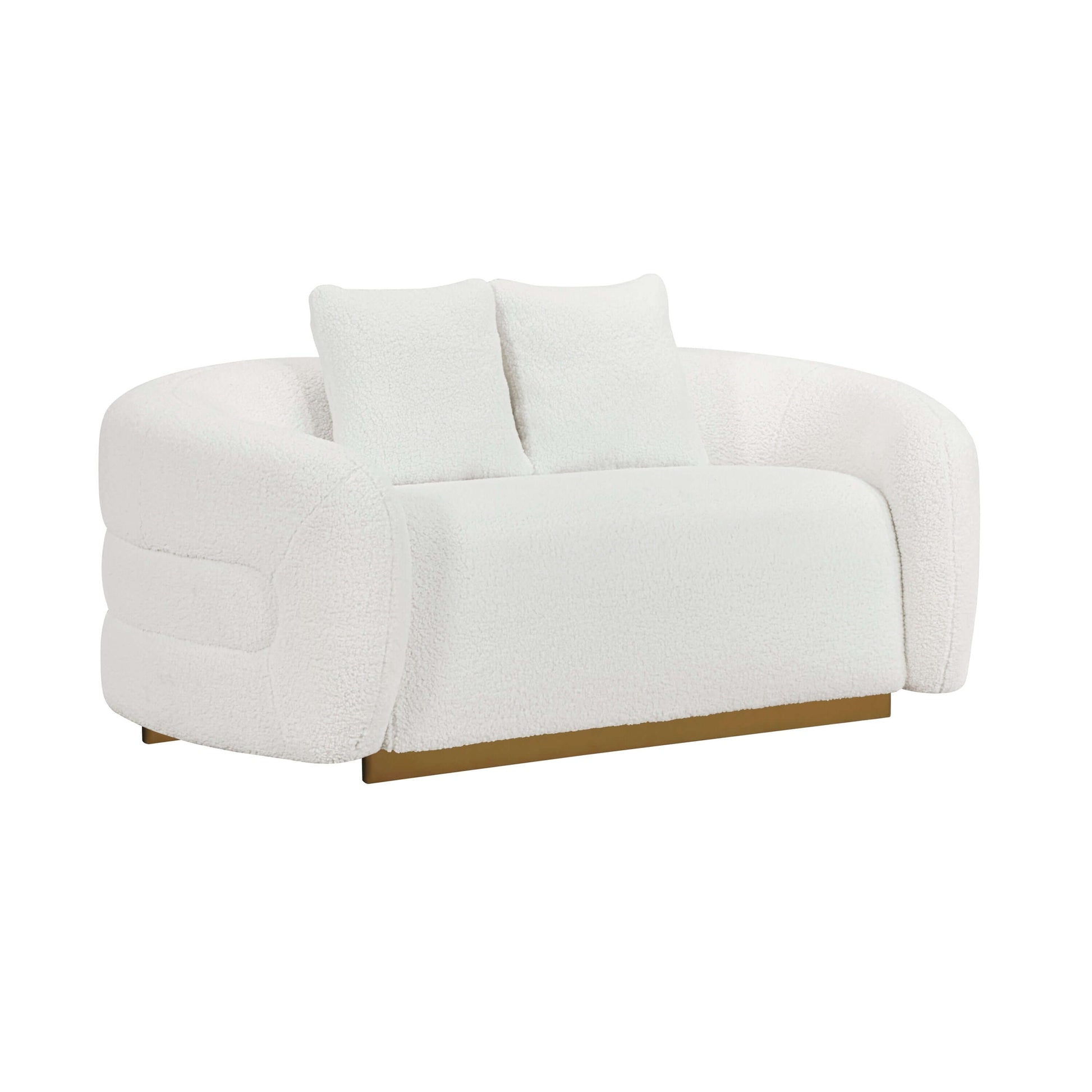 Novella Sherpa Loveseat – 71” white sherpa loveseat with gold base and plush cushions for ultimate comfort.