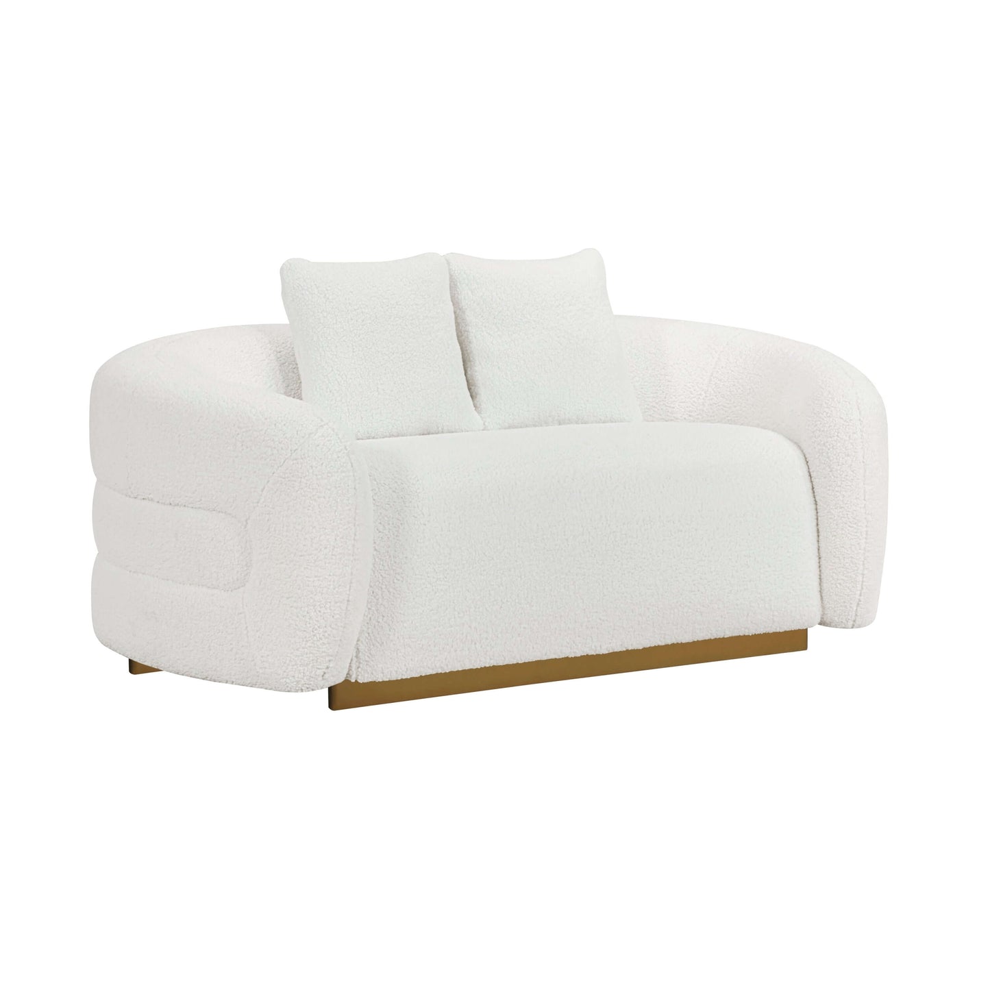 Novella Sherpa Loveseat – 71” white sherpa loveseat with gold base and plush cushions for ultimate comfort.