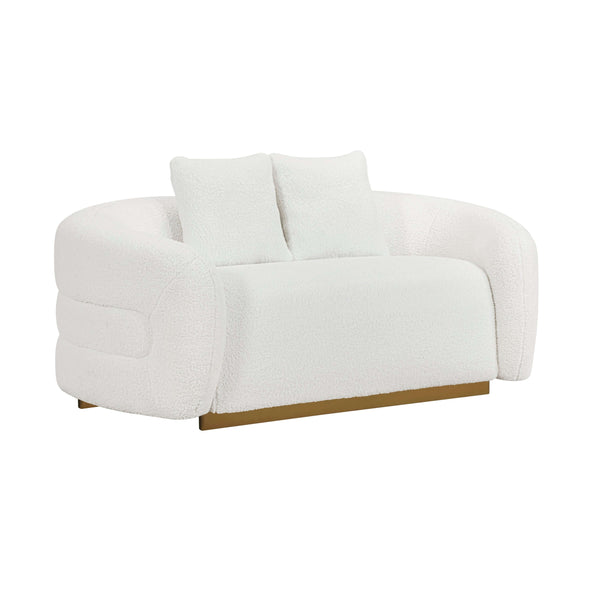 Novella Sherpa Loveseat – 71” white sherpa loveseat with gold base and plush cushions for ultimate comfort.