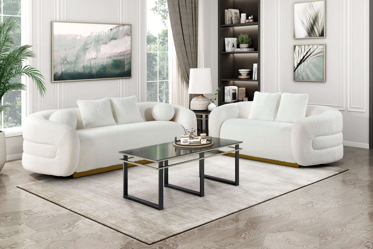 Novella Sherpa Loveseat in living room setting, featuring white sherpa loveseat design with gold base.