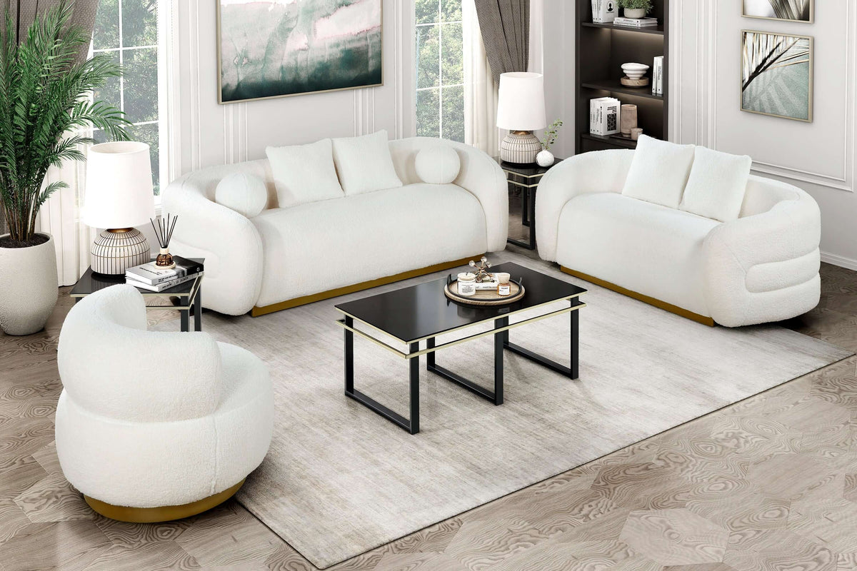 White sherpa loveseat with gold base and matching furniture in stylish living room setting.