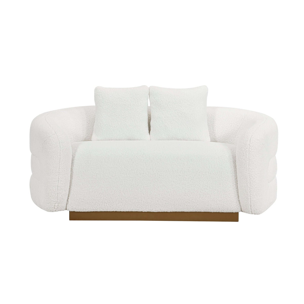 Novella Sherpa Loveseat in white fabric, 71-inch 2-seater sofa with a gold base, ideal for modern decor.