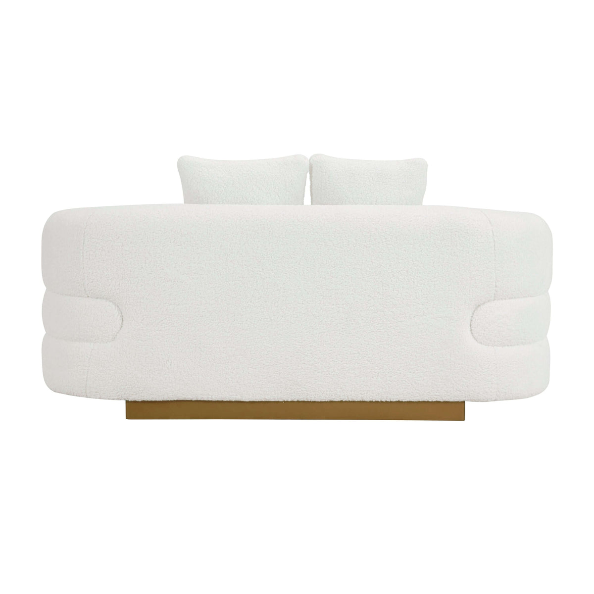 White sherpa loveseat with a gold base, featuring soft cushions and a modern design for stylish comfort.