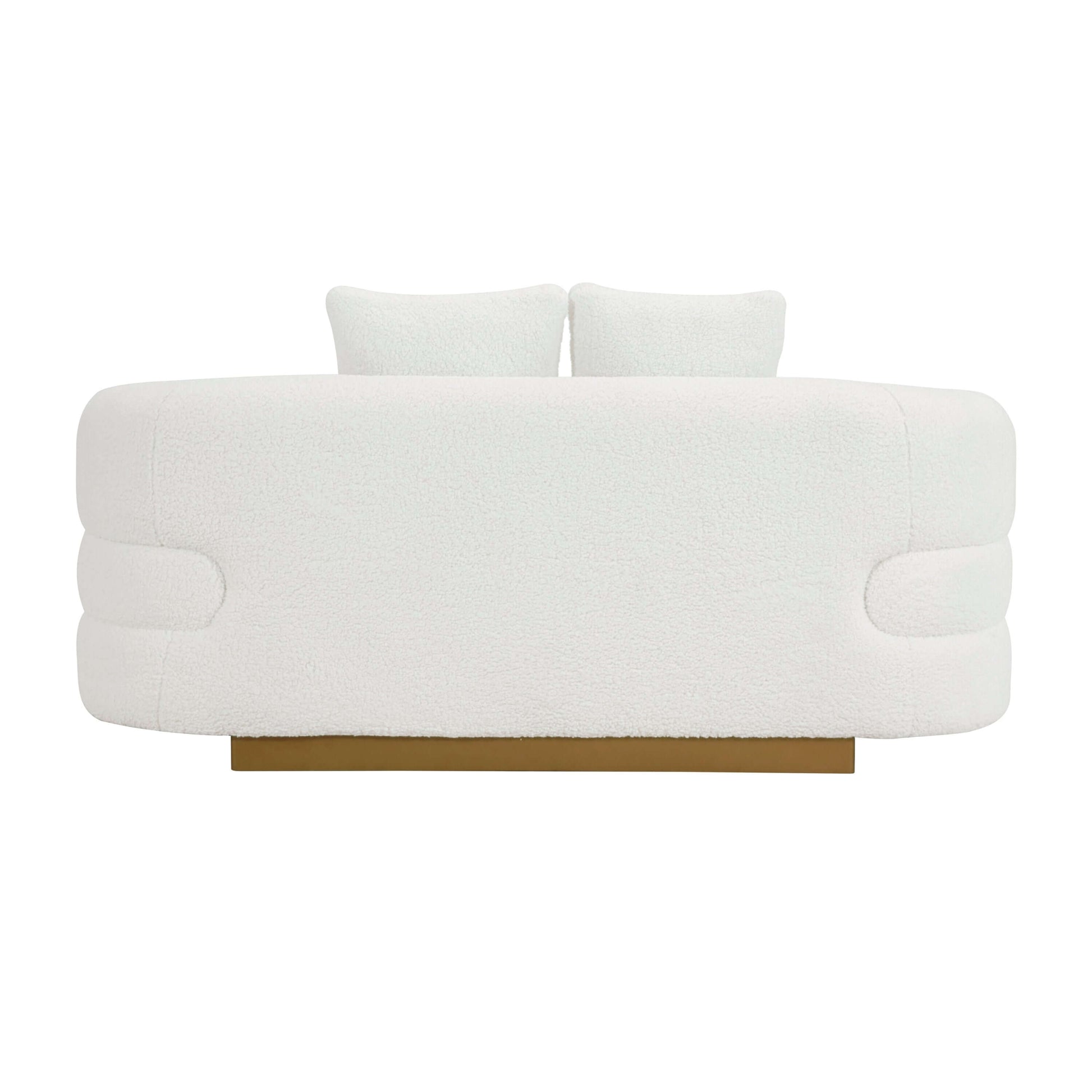 White sherpa loveseat with a gold base, featuring soft cushions and a modern design for stylish comfort.