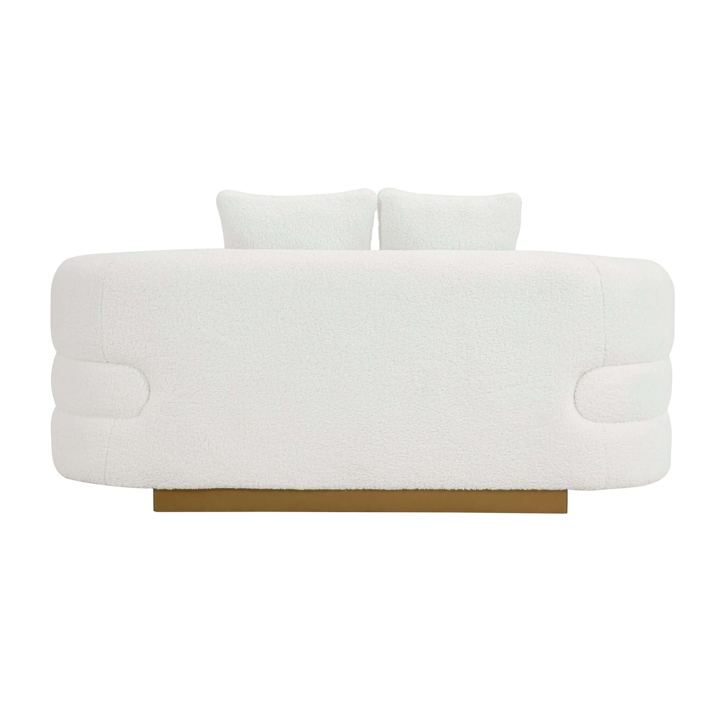 White sherpa loveseat with a gold base, featuring soft cushions and a modern design for stylish comfort.