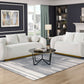 Novella Sherpa Sofa – 92” White Fabric Sofa with Gold Base (Modern Luxury 3-Seater) in a stylish living room setting.