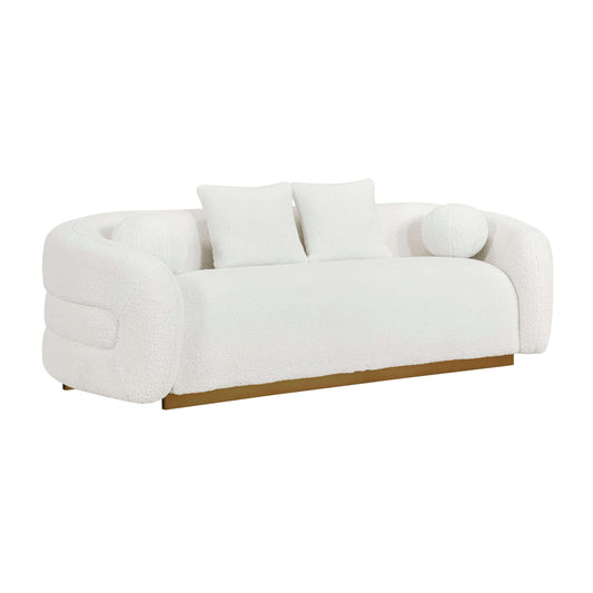Novella Sherpa Sofa – 92” White Fabric Sofa with Gold Base (Modern Luxury 3-Seater) on display.