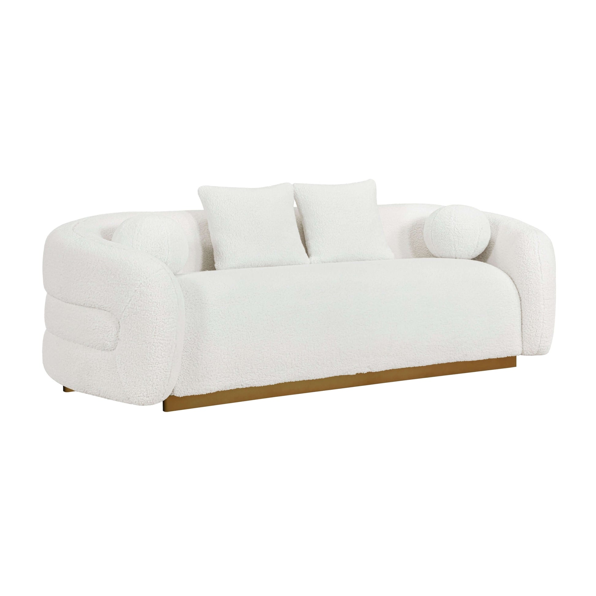 Novella Sherpa Sofa – 92” White Fabric Sofa with Gold Base (Modern Luxury 3-Seater) on display.