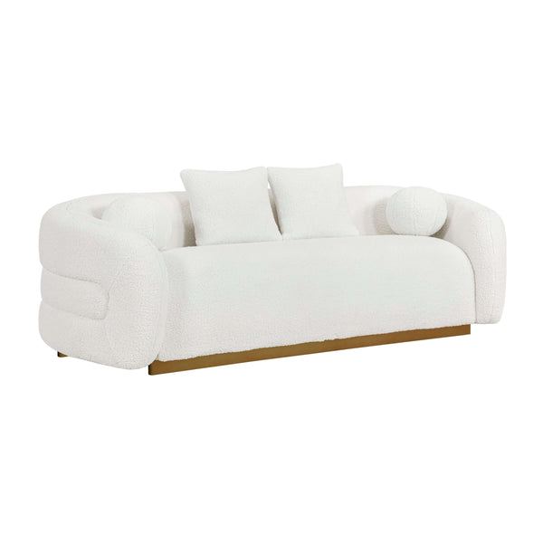Novella Sherpa Sofa – 92” White Fabric Sofa with Gold Base (Modern Luxury 3-Seater) on display.