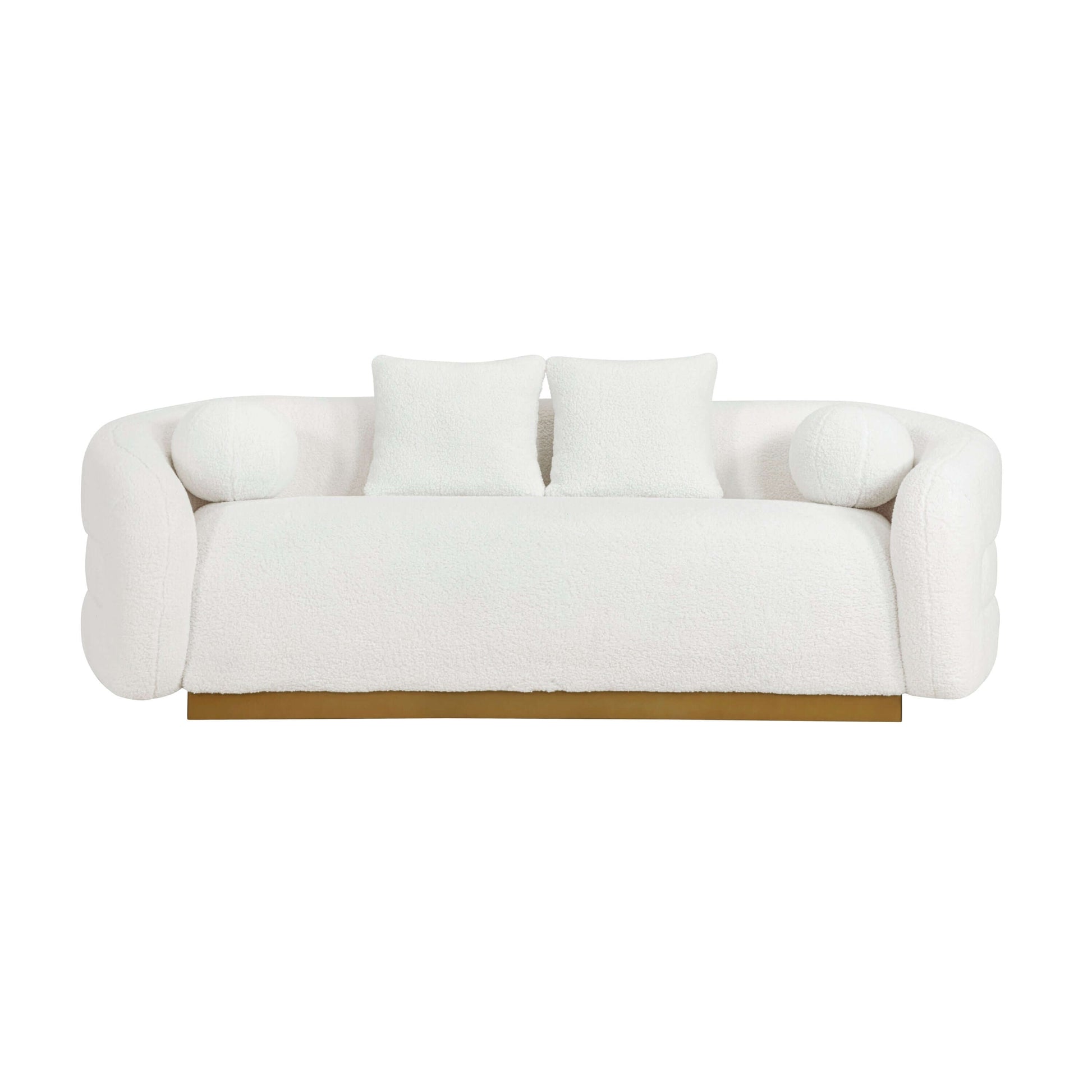 Novella Sherpa Sofa – 92” White Fabric Sofa with Gold Base (Modern Luxury 3-Seater) showcasing plush white fabric and gold base.