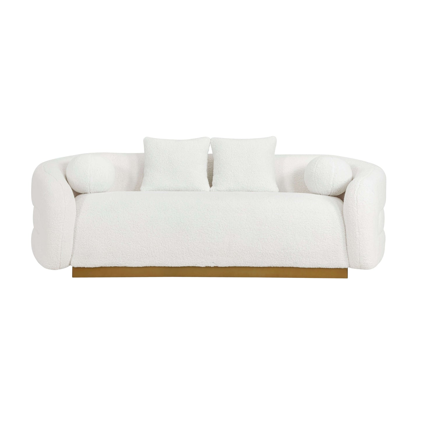Novella Sherpa Sofa – 92” White Fabric Sofa with Gold Base (Modern Luxury 3-Seater) showcasing plush white fabric and gold base.