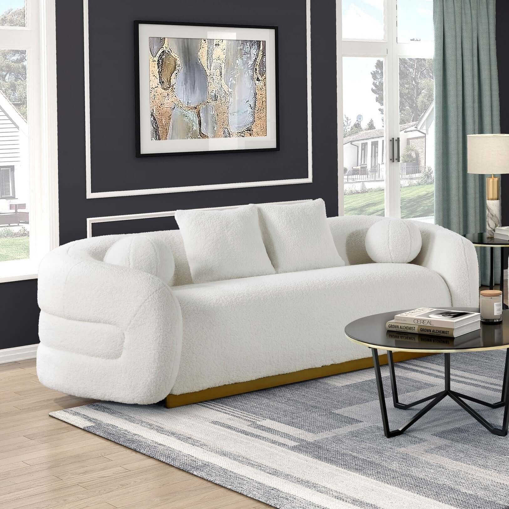 Novella Sherpa Sofa – 92” White Fabric Sofa with Gold Base (Modern Luxury 3-Seater) in stylish living room setting.